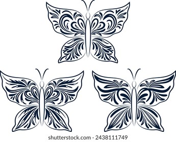 Set Butterflies Black Contours with a Floral Pattern on White Background. Vector