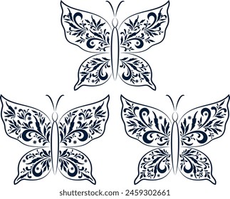 Set Butterflies Black Contours with a Floral Pattern on White Background. Vector