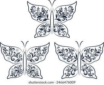 Set Butterflies Black Contours with a Floral Pattern on White Background. Vector