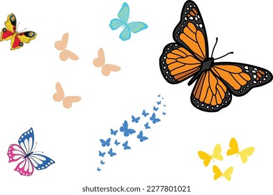 Conjunto de mariposas flores negras y blancas colección de siluetas de mariposas monarca, ilustración vectorial aislada en fondo blanco