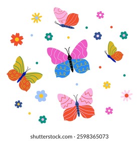 Set of butterflies in bright colors with flowers. Abstract pattern with geometric elements. Vector illustration	