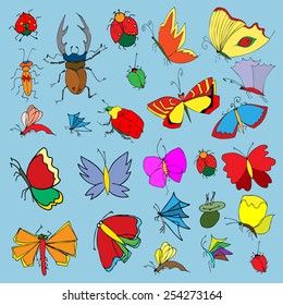 Set of butterflies and bugs. Insects. Vector illustration.