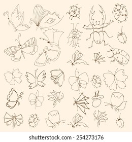 Set of butterflies and bugs. Insects. Vector illustration.