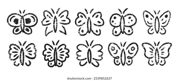 Set of butterflies with charcoal, pastel or crayon texture. Summer doodle vector illustration.