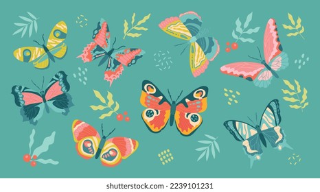 Conjunto de mariposas. Colección de stickers para redes sociales y mensajerías instantáneas. Insectos alados multicolores, naturaleza y fauna. Ilustraciones de caricaturas de vectores planos aisladas en fondo verde