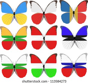 set of butterflies colored in national flags isolated on white background