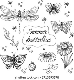 
Set of butterflies and daisies in doodle style, summer set with butterflies. Insects and plants. Daisies, summer, hams. Coloring pages for kids. Entertainment, hobbies and leisure.Vector design.