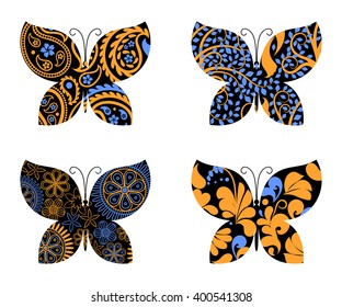 Set of butterflies decorated with different golden and blue patterns on black background