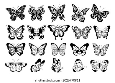 Set of butterflies. Decorative elements. Black outlines. Vector illustration isolated on white background.