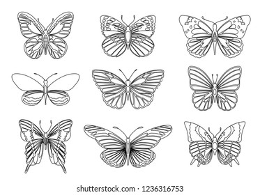 Set of butterflies for design element and adult or kids coloring book page. Vector illustration.
