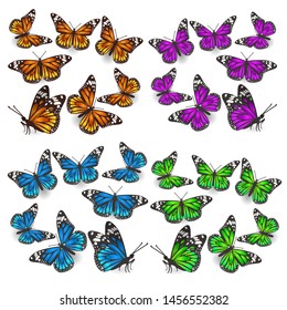 A set of butterflies in different angles, different colors: green, blue, orange, purple. Design elements. Vector graphics.