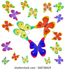 Set butterflies of different colors on a white background.