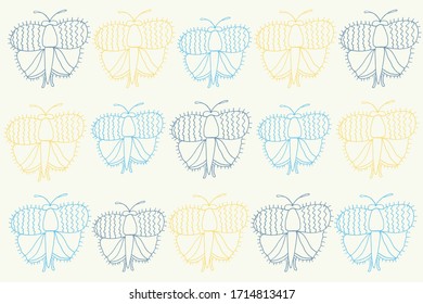 A set of butterflies of different colors and sizes arranged in rows. Cute muted colors. Children's illustration, for games, training, office design. Vector graphics.
