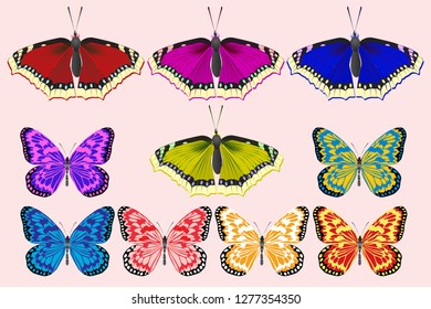 A set of butterflies of different colors. For web and illustrations. Vector illustration.