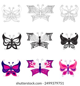 Set of butterflies in different flat, silhouette, doodle styles. Vector illustration on white background.