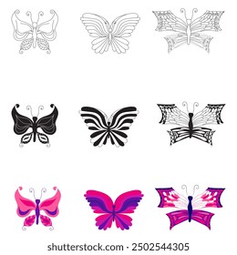 Set of butterflies in different flat, silhouette, doodle styles. Vector illustration on white background.