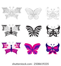 Set of butterflies in different flat, silhouette, doodle styles. Vector illustration on white background.