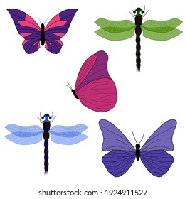 a set of butterflies and dragonflies. The vector is isolated on a white background.