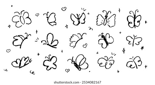 Set of butterflies drawing by pastel or charcoal pencil. White chalk line butterfly simple element on black chalkboard background. Like children's drawing cute fly collection. Vector illustration