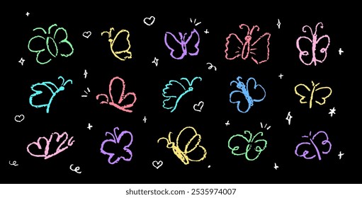 Set of butterflies drawing by pastel or charcoal pencil. Colorful chalk line butterfly simple element on black chalkboard background. Like children's drawing cute fly collection. Vector illustration