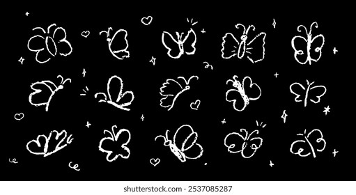 Set of butterflies drawing by pastel or charcoal pencil. White chalk line butterfly simple element on black chalkboard background. Like children's drawing cute fly collection. Vector illustration