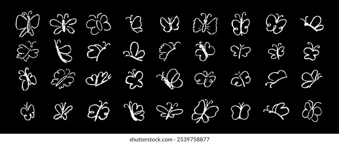 Set of butterflies drawing by pastel or charcoal pencil. White chalk line butterfly simple element on black chalkboard background. Like children's drawing cute fly collection. Vector illustration