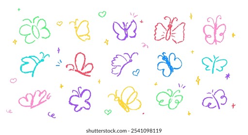 Set of butterflies drawing by pastel or charcoal pencil. Colorful chalk line butterfly simple element on white chalkboard background. Like children's drawing cute fly collection. Vector illustration