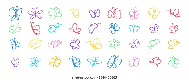 Set of butterflies drawing by pastel or charcoal pencil. Colorful chalk line butterfly simple element on white chalkboard background. Like children's drawing cute fly collection. Vector illustration