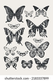 Set of butterflies drawn in black ink. The texture of the brush and paint.