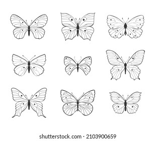 set of butterflies drawn in line art style, decorative outline. various shapes vector butterflies black lines on white background