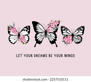 Set of butterflies with flower wings, vector design, fashion, poster, card, sticker, wall art, tattoo, tattoo butterfly, floral, boho butterfly, inspirational slogan, colorful