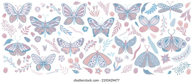 Set of butterflies and flowers. Design for packaging, label and greeting card.
