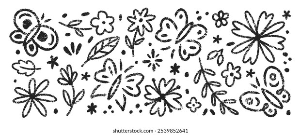 Set of butterflies, flowers and herbs with charcoal, pastel or crayon texture. Summer doodle vector illustration.