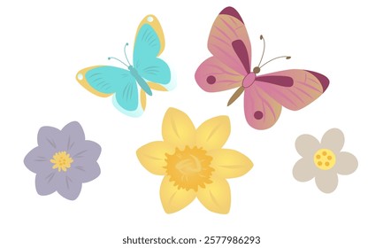 Set of butterflies and flowers isolated on white background. Beautiful flying insects. Spring daffodils and geocynths.