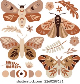 Set of butterflies with flowers, twigs and leaves. Buffy colors. Summer insects. Moths with patterns. Sun and moon.