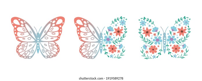Set of butterflies with flowers. Vector butterflies on white background icons.Сoncept for spa salon, eco cosmetics.