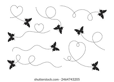 A set of butterflies flying along the route, butterflies and dotted lines in the form of hearts.