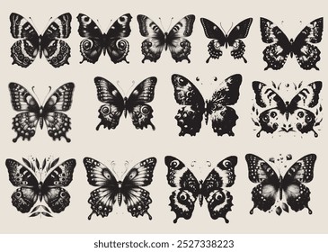 Conjunto de mariposas   Con efecto punteado de semitono, para diseño de collage punk y2k grunge. Estilo de arte Pop salpicado de Elementos locos. Ilustración vectorial para Anuncio gótico emo vintage