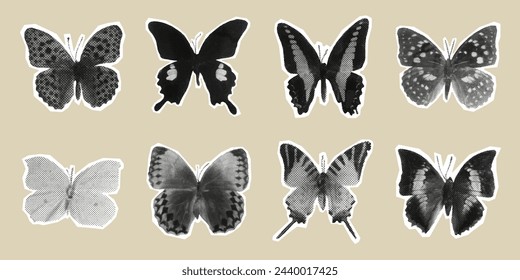 Set of butterflies in halftone. Y2K style. Vector illustration