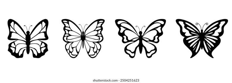 Set of Butterflies hand drawn icons. Flying butterflies silhouette. Vector Illustration.