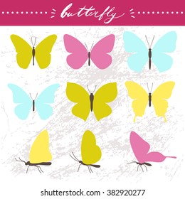 Set of butterflies. Hand lettering. Vector illustration.