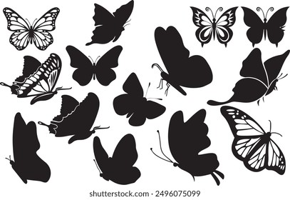 Set of Butterflies icon. Isolated vector black silhouette on white background. collection of Side view.