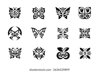 Set of butterflies icon, vintage, silhouette Vector illustration on white background
