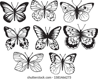 Set of butterflies. Ink drawing effect. Vector graphics. Tattoo design.