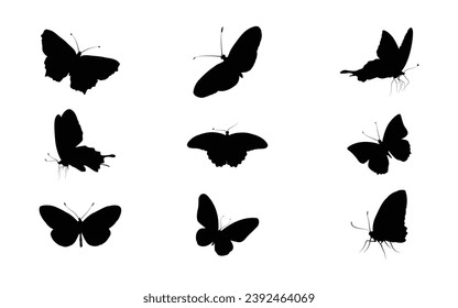 Set of butterflies, isolated on white, collection of silhouettes