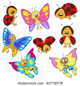 Set butterflies and ladybugs. Cartoon insect vector collection.