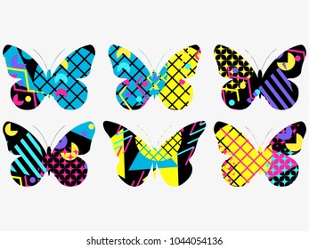 Set of butterflies with a memphis pattern made of geometric elements in the style of the 80s. Vector illustration