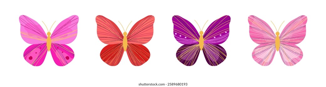 Set of butterflies in modern abstract style with bright patterns. Vector.