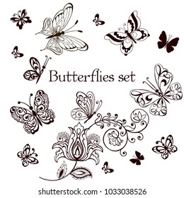 Set Butterflies Monochrome Black Pictograms Isolated on White Background.