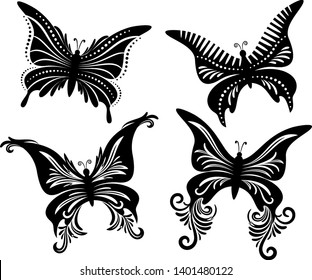 Set Butterflies Monochrome Black Pictograms Isolated on White Background. Vector